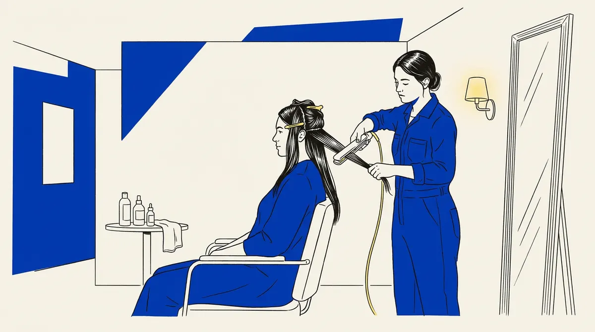 A stylist straightening a client’s carefully sectioned hair in a minimalist salon.