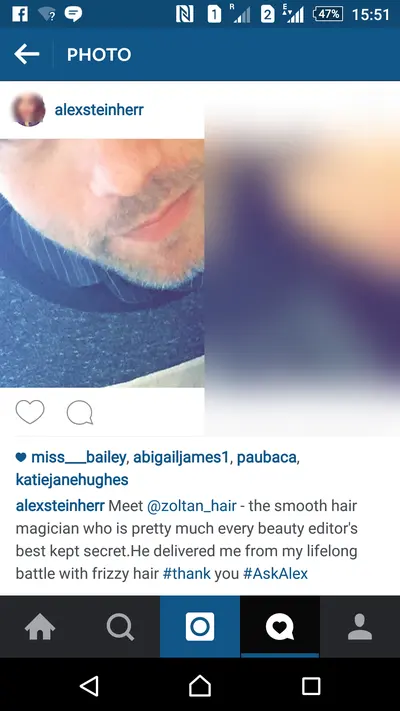 Alessandra Steinherr’s Instagram post about Zoltan (her face blurred)